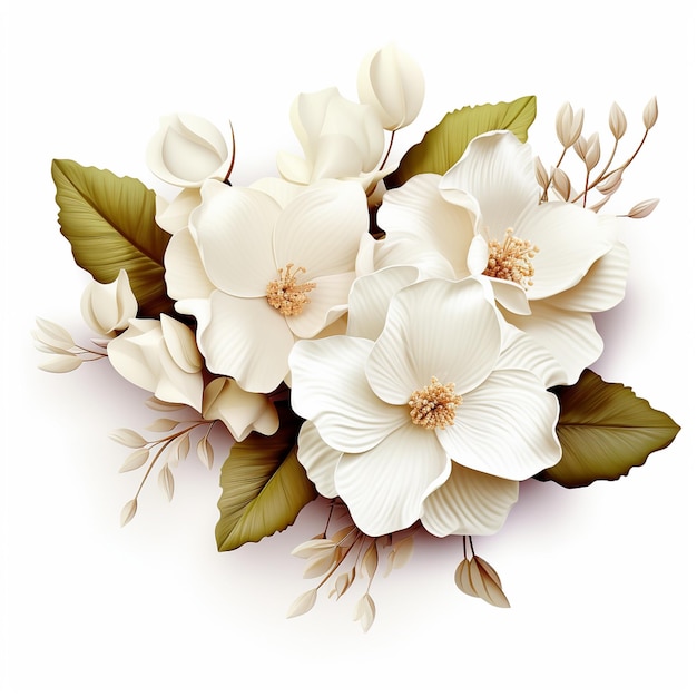 flor de magnolia blanca de acuarela y ramo de hoja