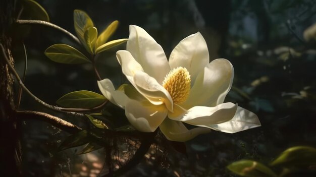 Una flor de magnolia blanca con un centro amarillo
