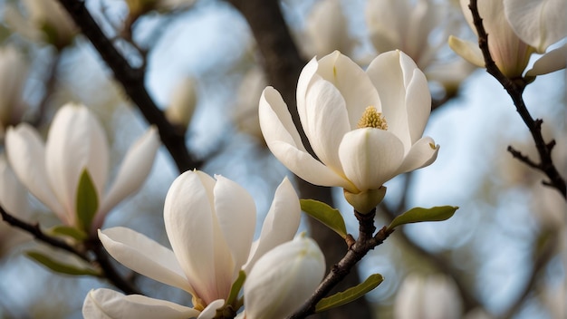 La flor de magnolia en una rama de cerca