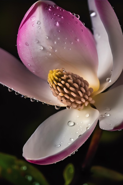 Una flor de magnolia rosa con gotas de agua.