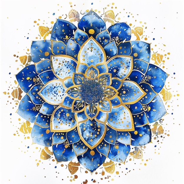 Una flor de mandala azul y dorada con acentos dorados la flor es un símbolo de paz y amor