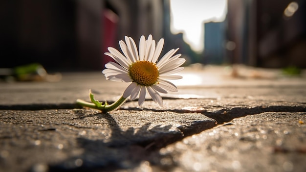 Flor margarida em uma rua de paralelepípedos na cidade