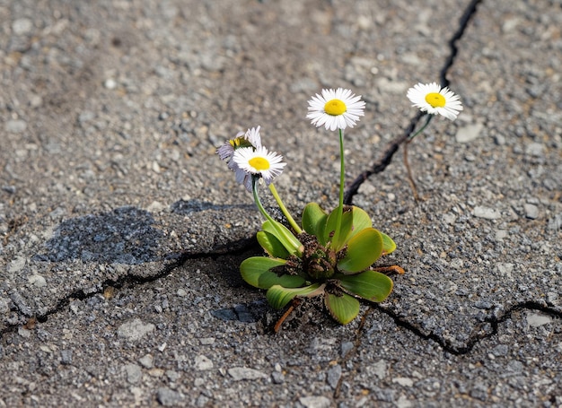 Flor de margarita que crece en el asfalto agrietado