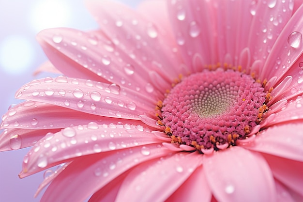 Flor de margarita rosa con gotas de agua de cerca fondo detallado