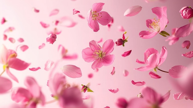 Flor de membrillo fresco hermosas flores rosadas cayendo en el aire aisladas sobre fondo rosa Gravedad cero o levitación flores de primavera concepción imagen de alta resolución