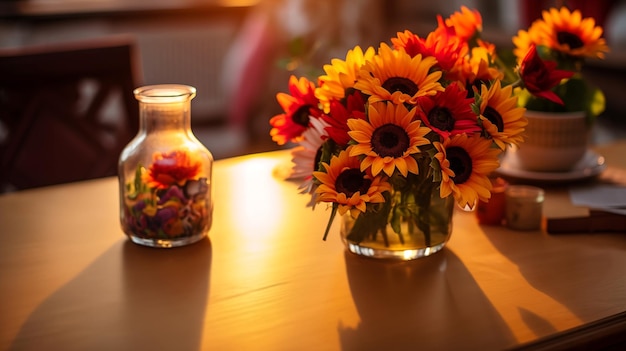 Flor en la mesa con fondo de puesta de sol en la sala de estar