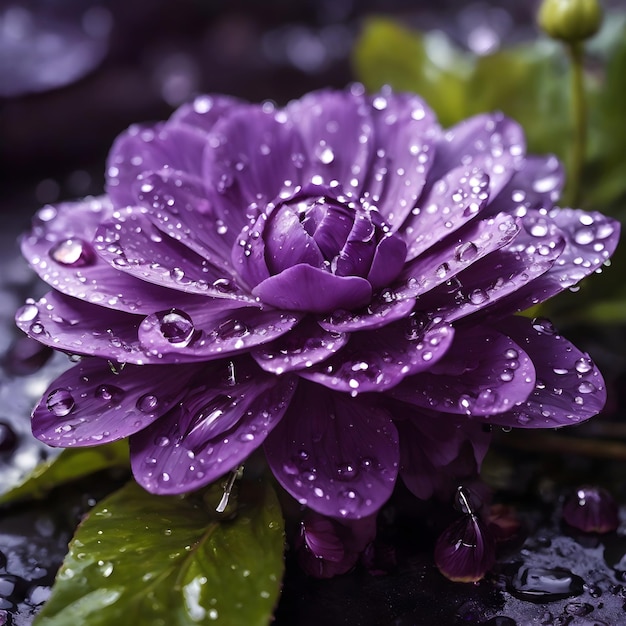 Flor morada adornada con gotas de lluvia relucientes