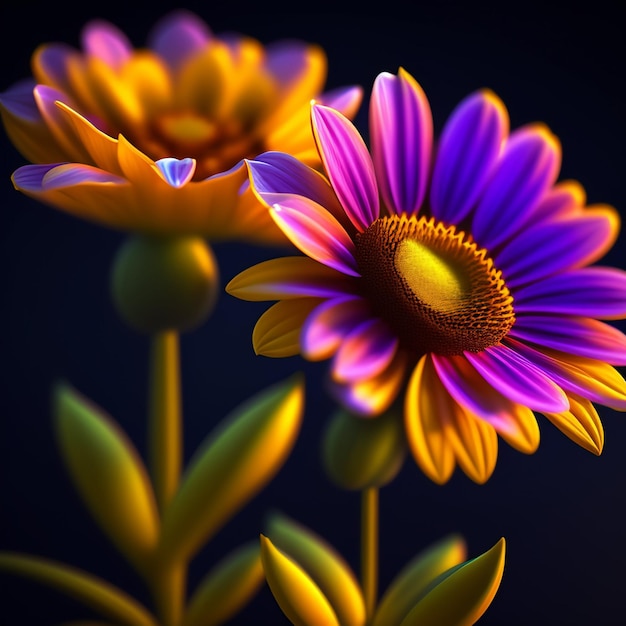 Una flor morada y amarilla está al lado de un tallo verde.