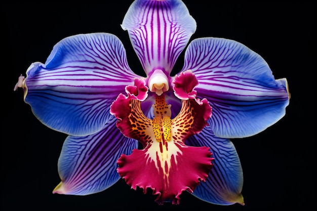 Una flor morada y azul con un centro amarillo.