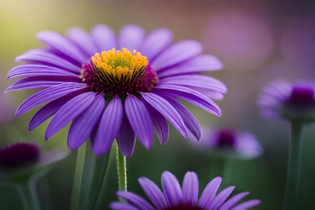 Una flor morada con centro amarillo y el centro amarillo.