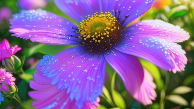 Una flor morada con un centro amarillo y un centro azul.