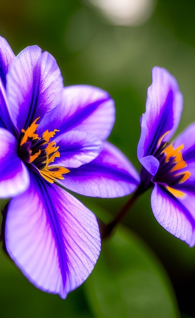 Una flor morada con estambres amarillos.