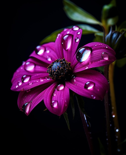 Foto flor morada con gotas de agua en un cuarto oscuro ai generativo