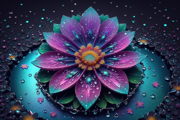 Una flor morada con gotas de agua en la superficie.