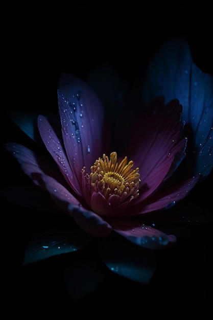 Una flor morada con gotas de agua