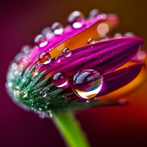 Una flor morada con gotas de agua