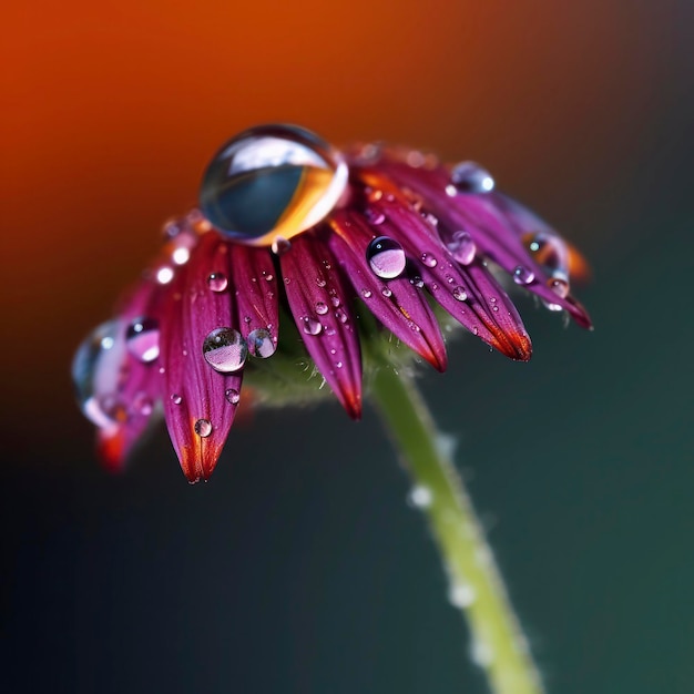 Una flor morada con gotas de agua