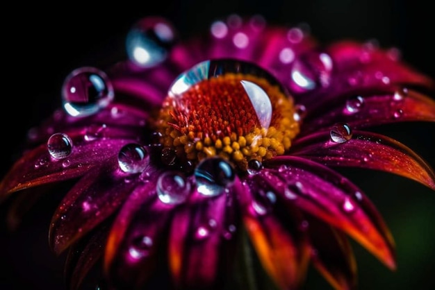 Una flor morada con gotas de agua