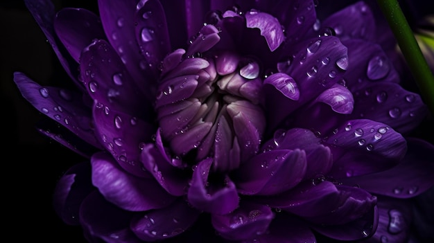 Una flor morada con gotas de agua