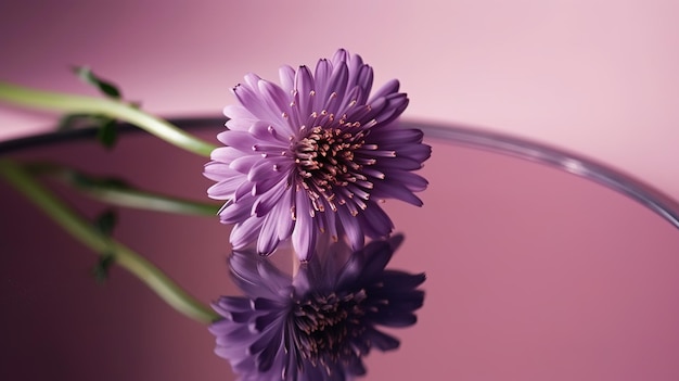 Una flor morada en una mesa de cristal.