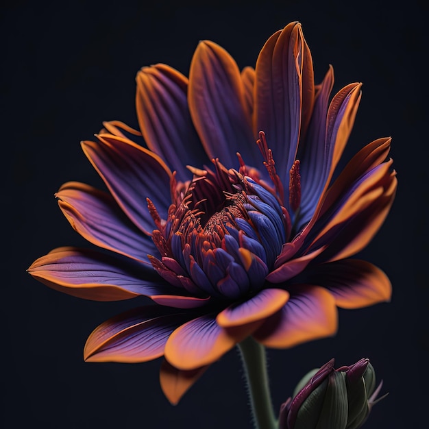 flor morada y naranja con un fondo oscuro
