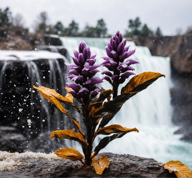 Flor na frente de uma cachoeira com flocos de neve ao fundo