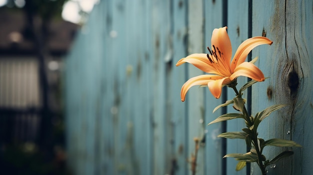 una flor naranja y amarilla en el patio por una valla de madera