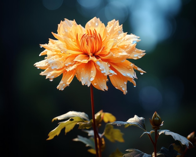 una flor de naranja con gotas de agua sobre ella