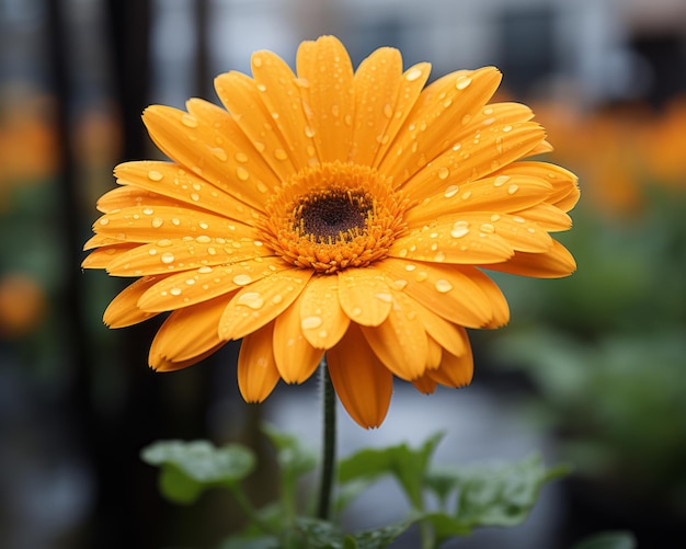 una flor de naranja con gotas de agua sobre ella