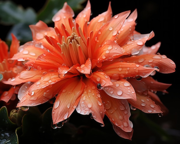 una flor de naranja con gotas de agua sobre ella