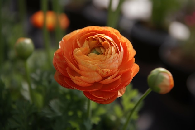 Una flor naranja con hojas verdes.