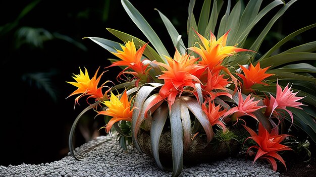 Foto flor de naranja vibrante con una delicada planta aérea