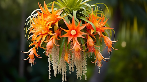 Foto flor de naranja vibrante con una delicada planta aérea