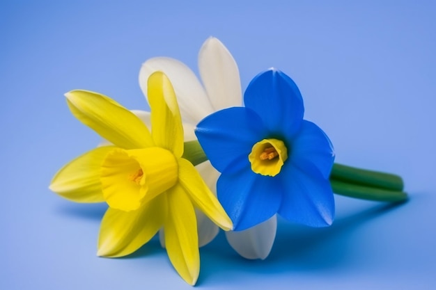 Una flor de narciso azul y blanca está sobre un fondo azul.