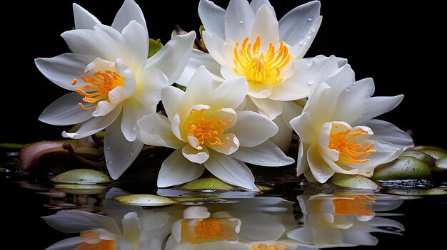 La flor del narciso se refleja en el espejo con pétalos