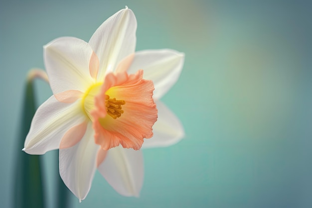 Una flor de narciso sobre fondo borroso con espacio de copia para el fondo de saludo del Día de la Madre