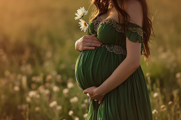 Foto flor nas mãos de uma mulher grávida de vestido verde