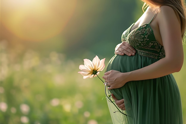 Flor nas mãos de uma mulher grávida de vestido verde