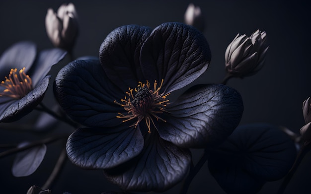 Una flor negra con un centro amarillo está iluminada por un fondo oscuro.