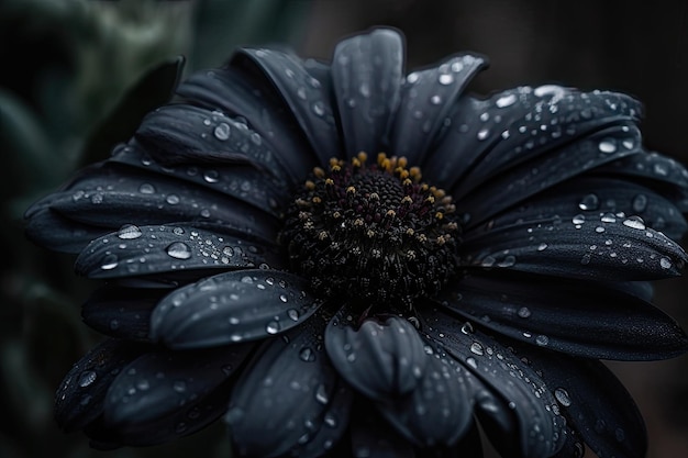 Flor negra coberta de gotas de água Generative AI