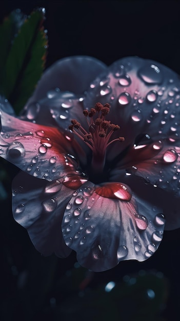 Una flor negra con gotas de agua