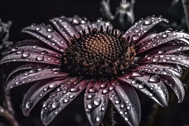 Una flor negra con gotas de agua