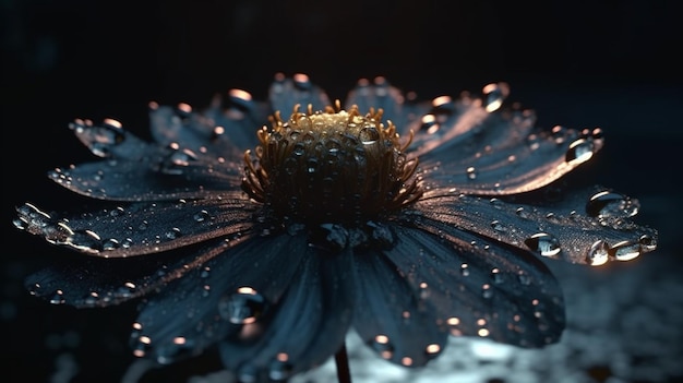 Una flor negra con gotas de agua