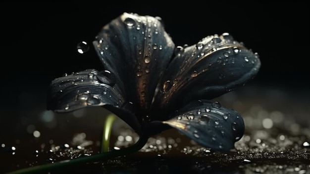 Una flor negra con gotas de lluvia