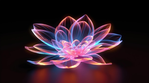 Una flor de neón se ilumina en azul y rosa.