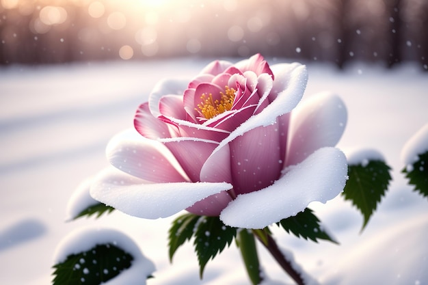 Una flor en la nieve con la palabra amor