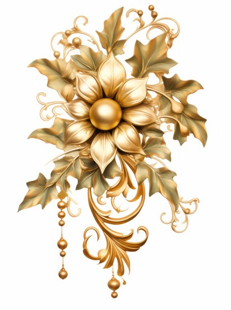 Foto una flor de oro con hojas y cuentas en ella ornamento floral elaborado