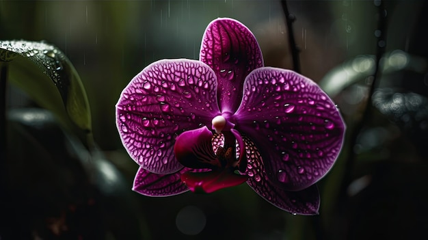 Una flor de orquídea púrpura con gotas de agua.