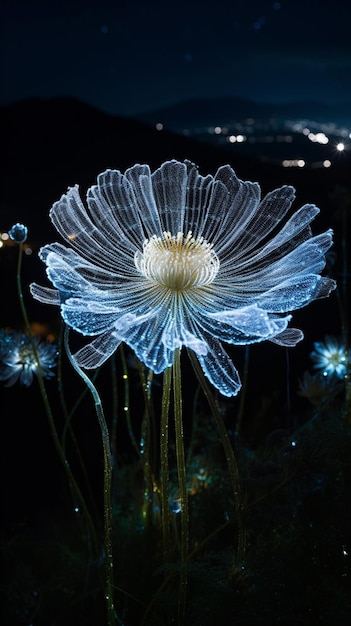 Una flor en la oscuridad con las luces de fondo