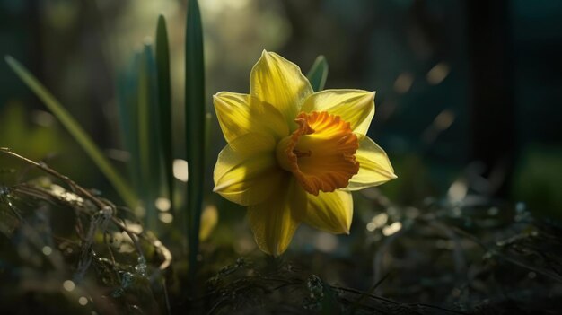 Una flor en la oscuridad con el sol brillando sobre ella.